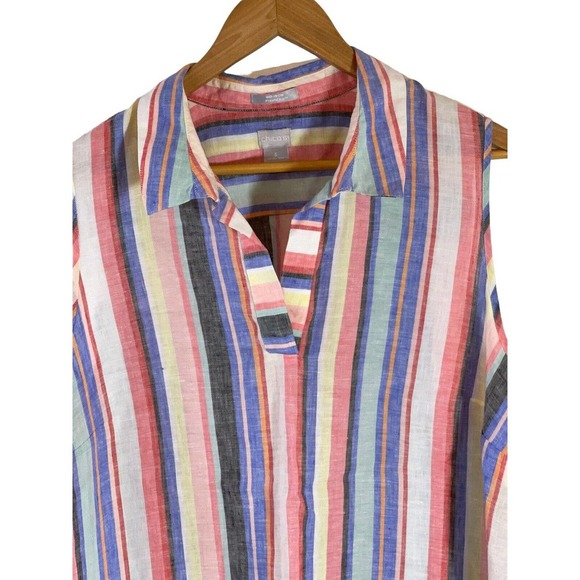 CHICO'S Size 3/XL 100% Linen Striped Colorful Sleeveless V-Neck Top - Picture 2 of 5